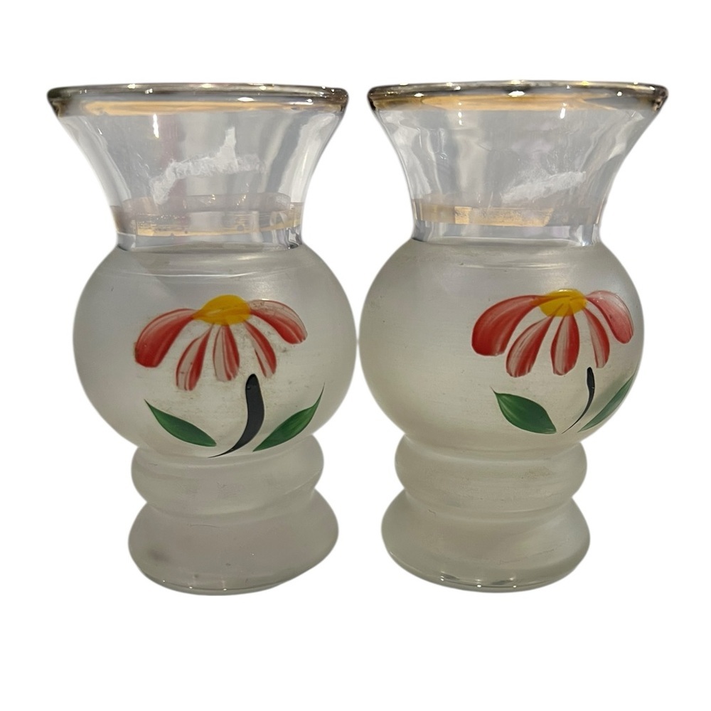 VTG - Bartlett Collins frosted glass vases - hand-painted pink flowers